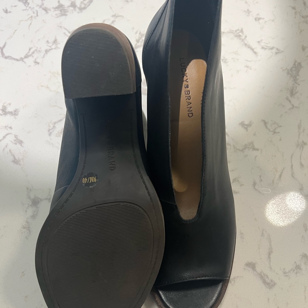Lucky Brand Black Leather Peep-Toe Heeled Boots - Picture 2 of 5